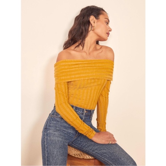 Reformation Sweaters - Reformation Yellow Ribbed Roxy Off Shoulder Top